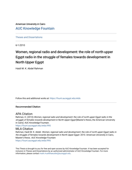 Women, Regional Radio and Development: the Role of North Upper Egypt Radio in the Struggle of Females Towards Development in North Upper Egypt