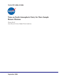 Notes on Earth Atmospheric Entry for Mars Sample Return Missions