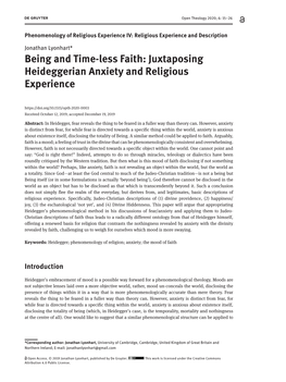 Being and Time-Less Faith: Juxtaposing Heideggerian Anxiety and Religious Experience