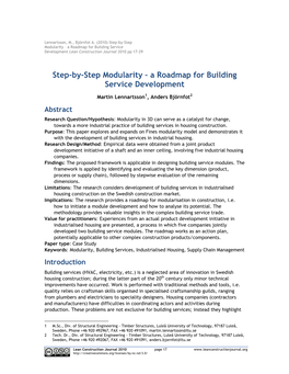 Step-By-Step Modularity – a Roadmap for Building Service Development Lean Construction Journal 2010 Pp 17-29