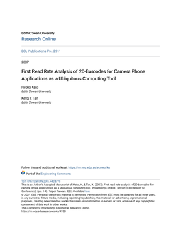 First Read Rate Analysis of 2D-Barcodes for Camera Phone Applications As a Ubiquitous Computing Tool