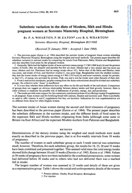 Subethnic Variation in the Diets of Moslem, Sikh and Hindu Pregnant Women at Sorrento Maternity Hospital, Birmingham