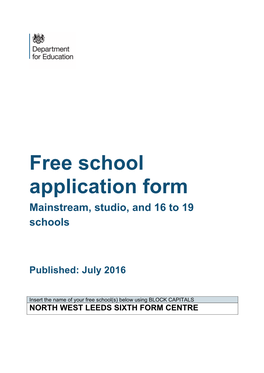 Free School Application Form Mainstream, Studio, and 16 to 19 Schools