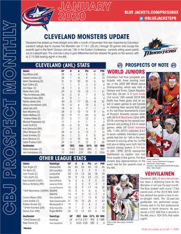 CLEVELAND MONSTERS UPDATE Cleveland Has Picked up Three-Straight Wins After a Month of December That Was Impacted by Columbus’ Constant Callups Due to Injuries