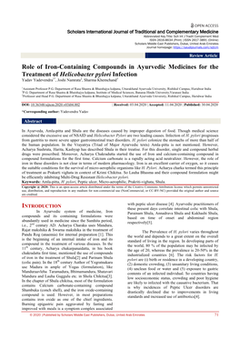 Role of Iron-Containing Compounds in Ayurvedic Medicines for the Treatment of Helicobacter Pylori Infection Yadav Yadevendra1*, Joshi Namrata2, Sharma Khemchand3
