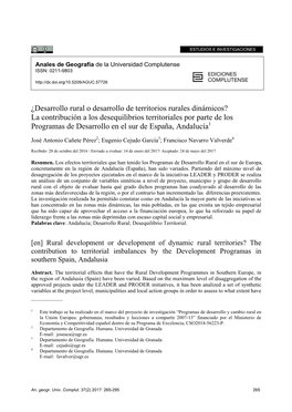 La Contribución a Los Desequilibrios Territoriales Por Parte De Los Programas De Desarrollo En El Sur De España, Andalucía1