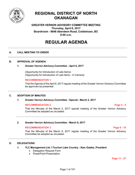 GREATER VERNON ADVISORY COMMITTEE MEETING Thursday, April 6, 2017 Boardroom - 9848 Aberdeen Road, Coldstream, BC 8:00 A.M