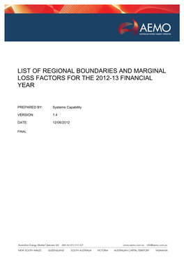 List of Regional Boundaries and Marginal Loss Factors for the 2012-13 Financial Year