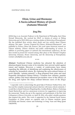 Elixir, Urine and Hormone: a Socio-Cultural History of Qiushi (Autumn Mineral)*