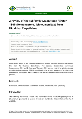 A Review of the Subfamily Acaenitinae Förster, 1869 (Hymenoptera, Ichneumonidae) from Ukrainian Carpathians