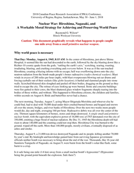 Nuclear War: Hiroshima, Nagasaki, and a Workable Moral Strategy for Achieving and Preserving World Peace