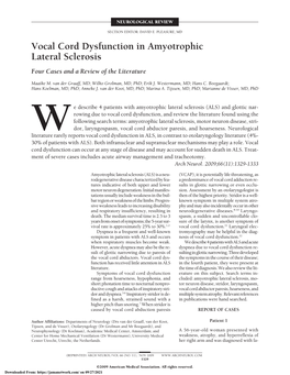 Vocal Cord Dysfunction in Amyotrophic Lateral Sclerosis Four Cases and a Review of the Literature