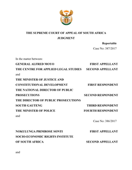 THE SUPREME COURT of APPEAL of SOUTH AFRICA JUDGMENT Reportable Case No: 387/2017