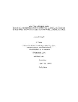 A Continuation of Myth: the Cinematic Representation of Mythic American Innocence in Bernardo Bertolucci’S Last Tango in Paris and the Dreamers