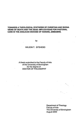 Towards a Theological Synthesis of Christian and Shona Views of Death and the Dead: Implications for Pastoral Care in the Anglican Diocese of Harare, Zimbabwe