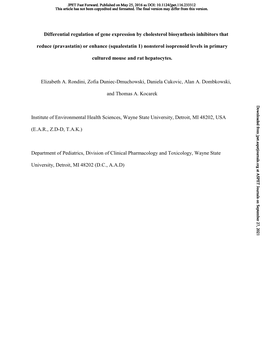 Differential Regulation of Gene Expression by Cholesterol Biosynthesis Inhibitors That Reduce (Pravastatin) Or Enhance (Squalest