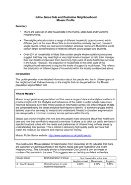 Hulme, Moss Side and Rusholme Neighbourhood Mosaic Profile
