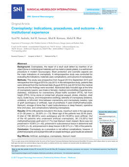 Cranioplasty: Indications, Procedures, and Outcome – an Institutional Experience Syed M