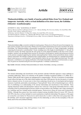 Zootaxa 3266: 41–52 (2012) ISSN 1175-5326 (Print Edition) Article ZOOTAXA Copyright © 2012 · Magnolia Press ISSN 1175-5334 (Online Edition)