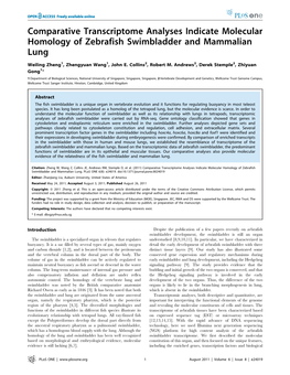Comparative Transcriptome Analyses Indicate Molecular Homology of Zebrafish Swimbladder and Mammalian Lung