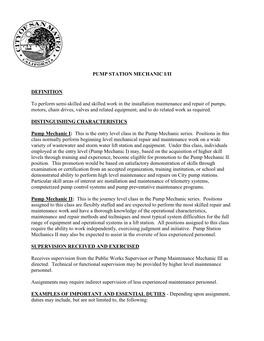 PUMP STATION MECHANIC I/II DEFINITION to Perform Semi-Skilled and Skilled Work in the Installation Maintenance and Repair Of