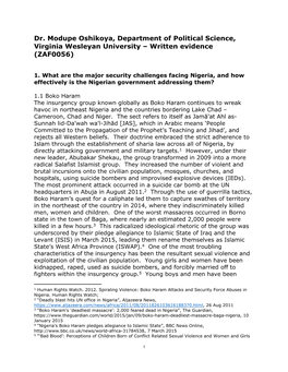 Dr. Modupe Oshikoya, Department of Political Science, Virginia Wesleyan University – Written Evidence (ZAF0056)