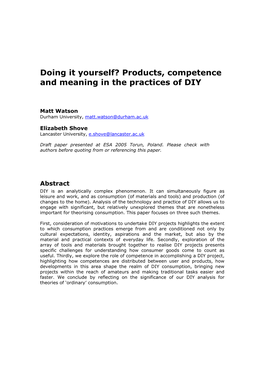 Products, Competence and Meaning in the Practices of DIY