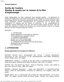 Ecrits De L'ombre Etudes & Essais Sur Le Roman Et Le Film D'espionnage