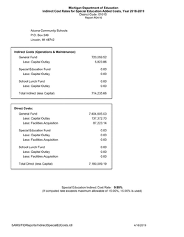 Michigan Department of Education Indirect Cost Rates for Special Education Added Costs, Year 2018-2019 District Code: 01010 Report R0416