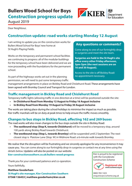 Bullers Wood School for Boys Construction Progress Update August 2019