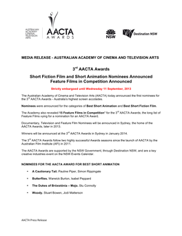 3Rd AACTA Awards Short Fiction Film and Short Animation Nominees