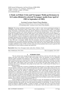A Study on Ethnic Crisis and Newspaper Media Performance in Sri Lanka (Related to Selected Newspaper Media from April of 1983 to September of 1983)