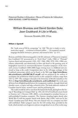 William Bruneau and David Gordon Duke Jean Coulthard: a Life in Music