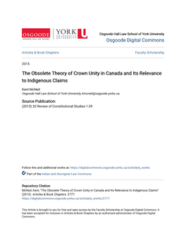 The Obsolete Theory of Crown Unity in Canada and Its Relevance to Indigenous Claims