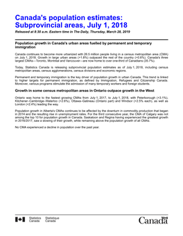 Canada's Population Estimates: Subprovincial Areas, July 1, 2018 Released at 8:30 A.M