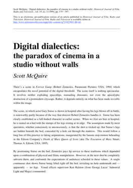 Digital Dialectics: the Paradox of Cinema in a Studio Without Walls', Historical Journal of Film, Radio and Television , Vol
