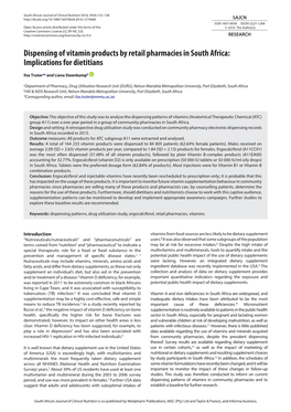 Dispensing of Vitamin Products by Retail Pharmacies in South Africa: Implications for Dietitians