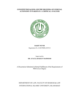 Constitutionalism and the Dilemma of Judicial Autonomy in Pakistan: a Critical Analysis