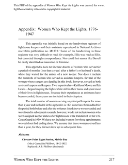 Appendix: Women Who Kept the Lights, 1776- 1947