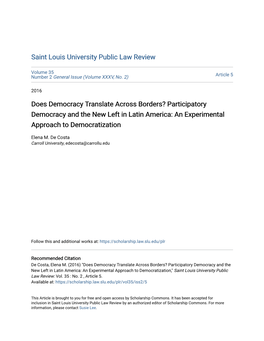 Participatory Democracy and the New Left in Latin America: an Experimental Approach to Democratization