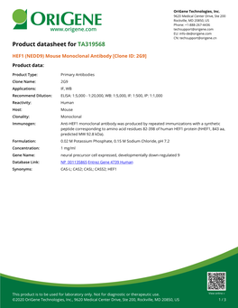 HEF1 (NEDD9) Mouse Monoclonal Antibody [Clone ID: 2G9] Product Data