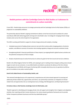 Reckitt Partners with the Cambridge Centre for Risk Studies As It Advances Its Commitments to Carbon Neutrality