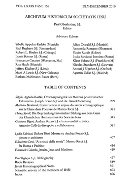 Archivum Historicum Societatis Iesu Table of Contents