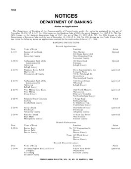 NOTICES DEPARTMENT of BANKING Action on Applications