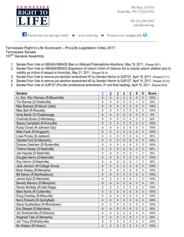 Tennessee Right to Life Scorecard – Pro-Life Legislation Votes 2011 Tennessee Senate 107Th General Assembly