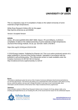 A Compilation of Data on the Radiant Emissivity of Some Materials at High Temperatures