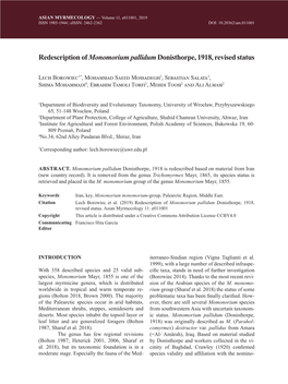 Redescription of Monomorium Pallidumdonisthorpe, 1918, Revised