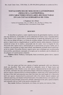 Mollusca: Gastropoda), Con Caracteres Singulares, Recolectadas En Las Cuevas Submarinas De Cuba