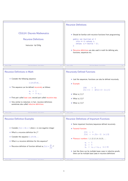 CS311H: Discrete Mathematics Recursive Definitions Recursive