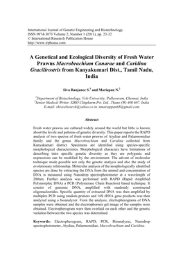 A Genetical and Ecological Diversity of Fresh Water Prawns Macrobrachium Canarae and Caridina Gracilirostris from Kanyakumari Dist., Tamil Nadu, India